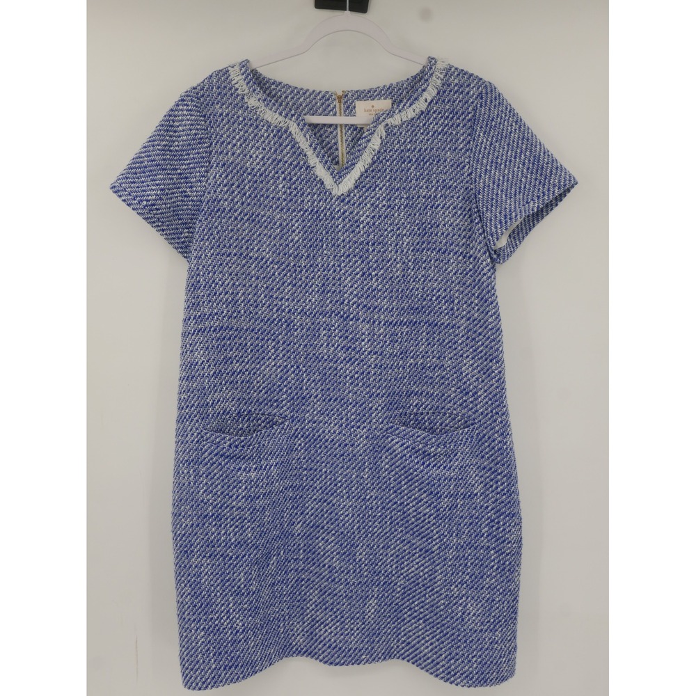 Kate Spade New York Blue White Tweed Fringe V-Neck Shift Dress Size 14